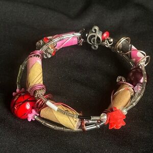 Whimsical Wire Wrapped Charm Bracelet Music Notes‎ Beads Red Flowers